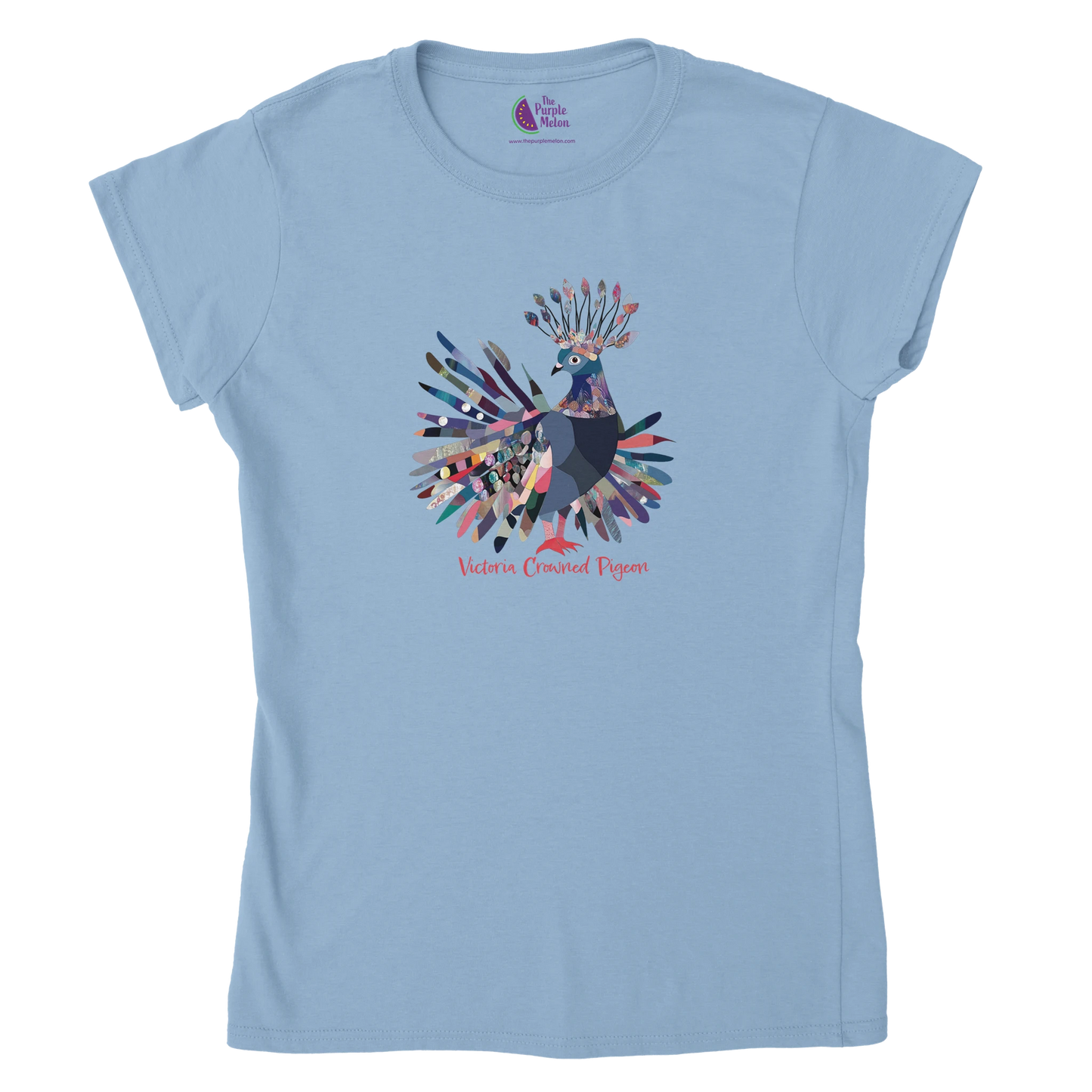 light blue t-shirt with a victoria crowned pigeon design