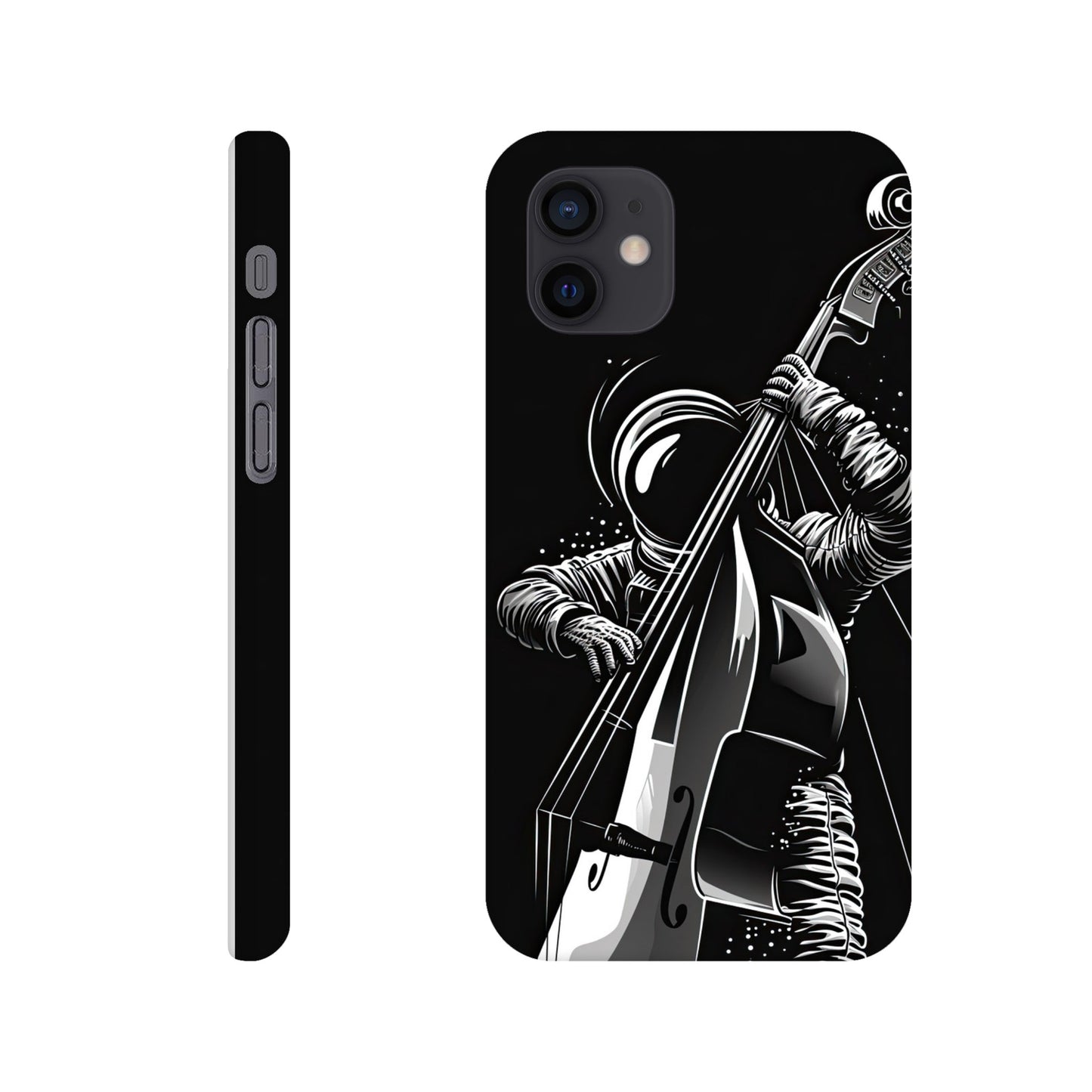 slim phone case with a double bass playing spaceman design