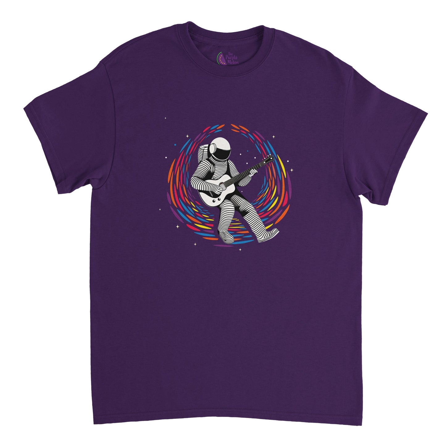 Purple t-shirt with a guitar playing spaceman floating in space