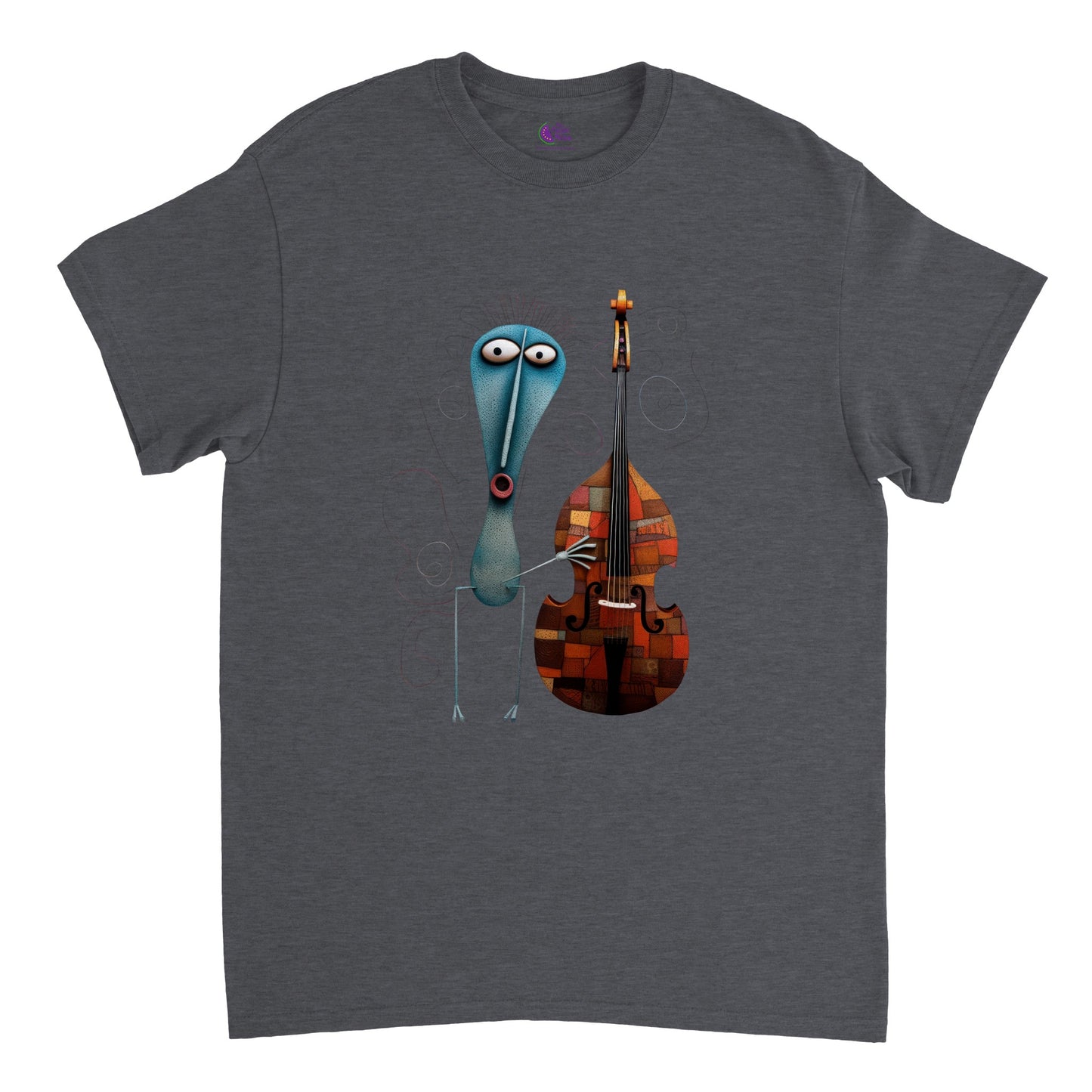 dark heather t-shirt with a print of an abstract character playing the double bass