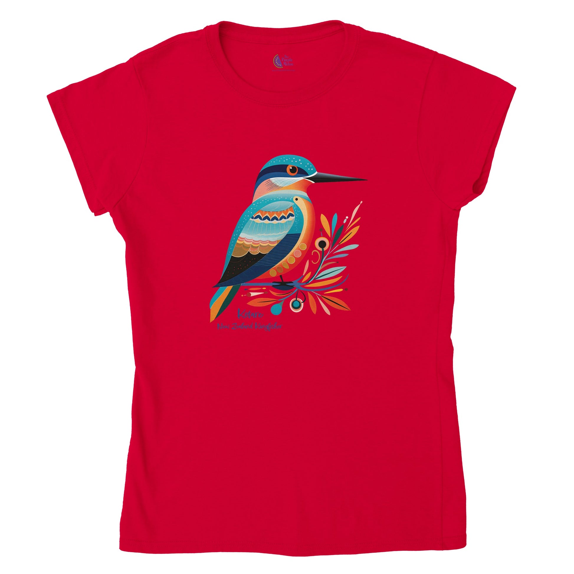 red t-shirt with a new zealand kingfisher kōtare print