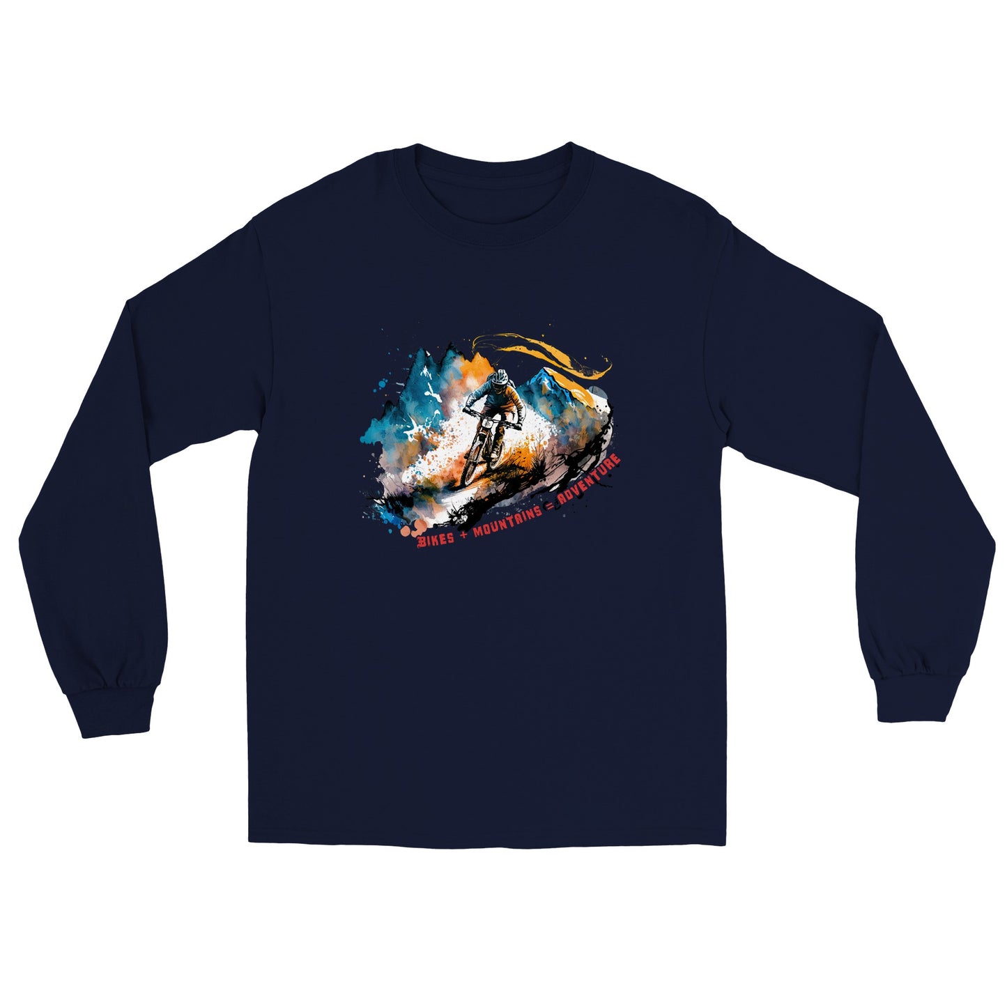Navy blue long sleeve t-shirt with a mountain bike print with the caption bikes + mountains = adventure
