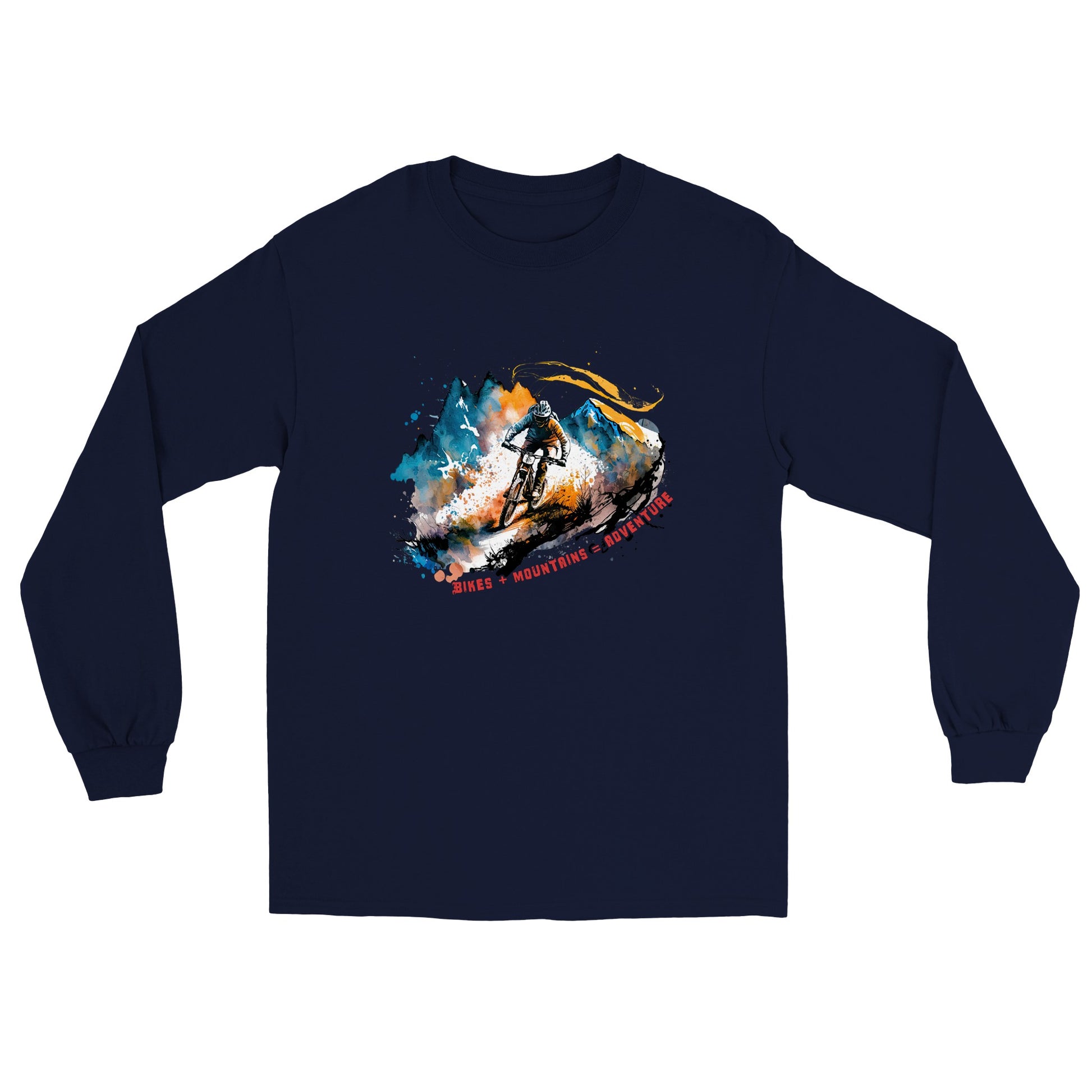 Navy blue long sleeve t-shirt with a mountain bike print with the caption bikes + mountains = adventure