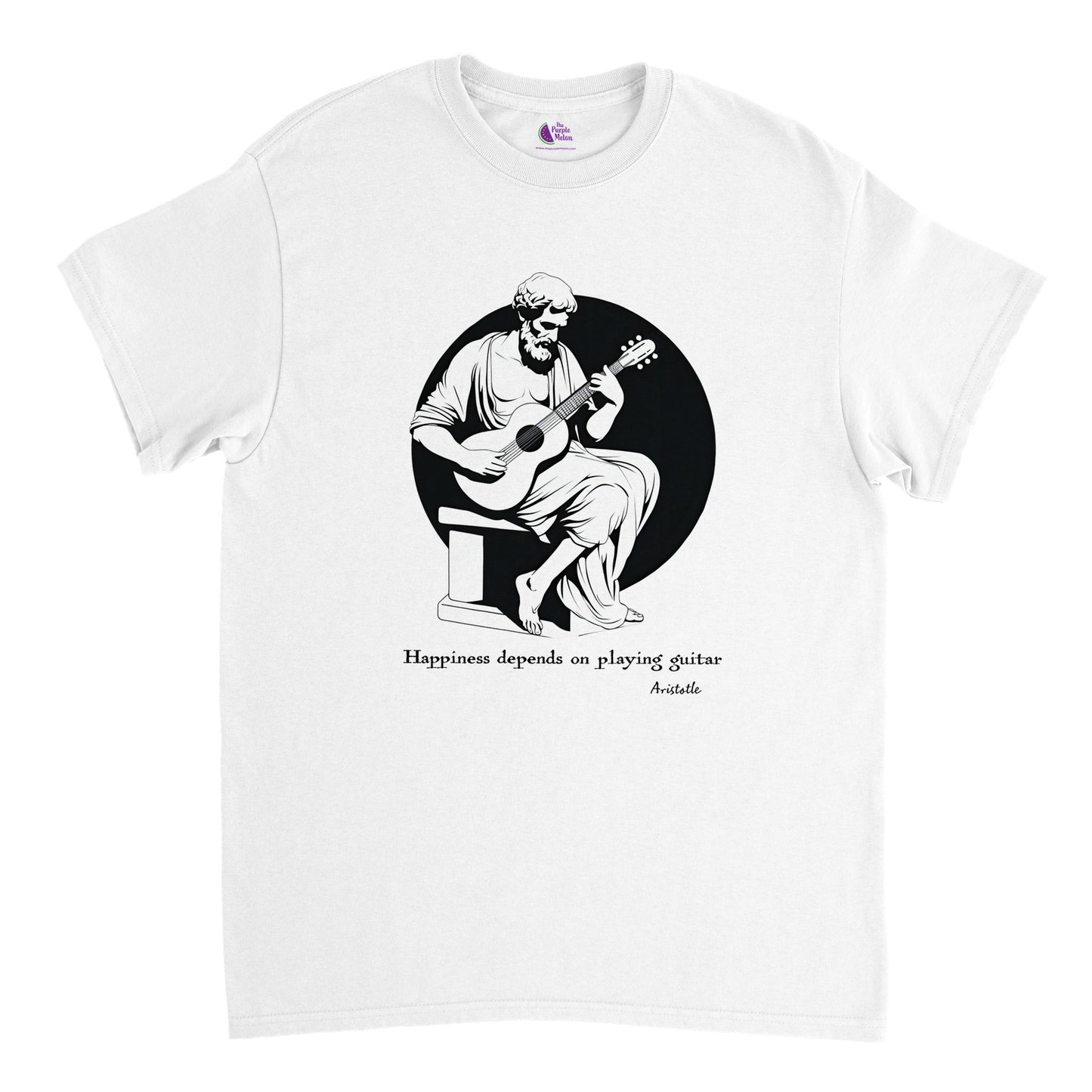 a white t-shirt with a print of Aristotle playing a guitar and the caption Happiness depends on playing guitar