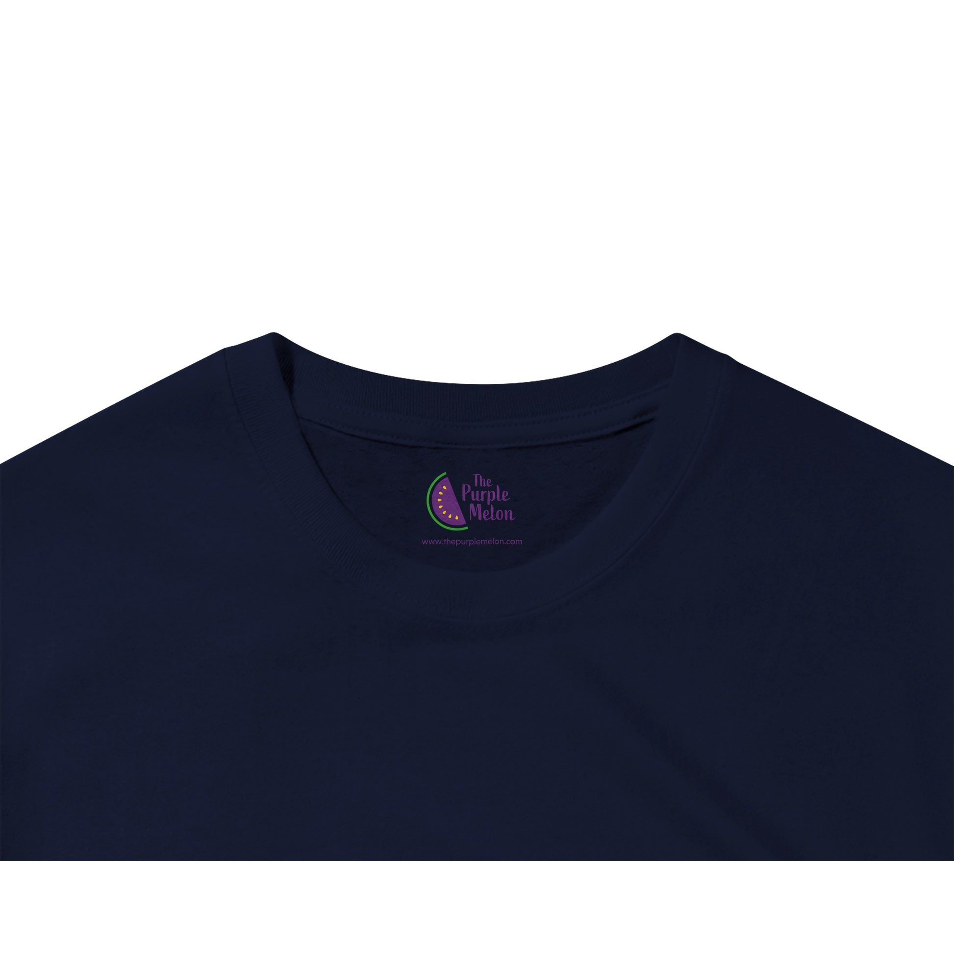navy blue t-shirt neck label with The Purple Melon logo