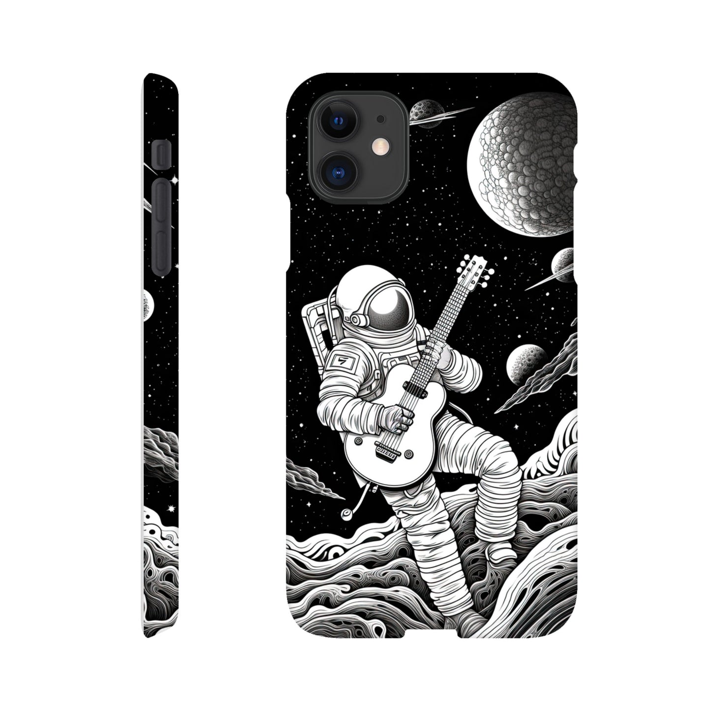 Space Serenade: Monochromatic Astronaut Guitarist in Space Phone Case
