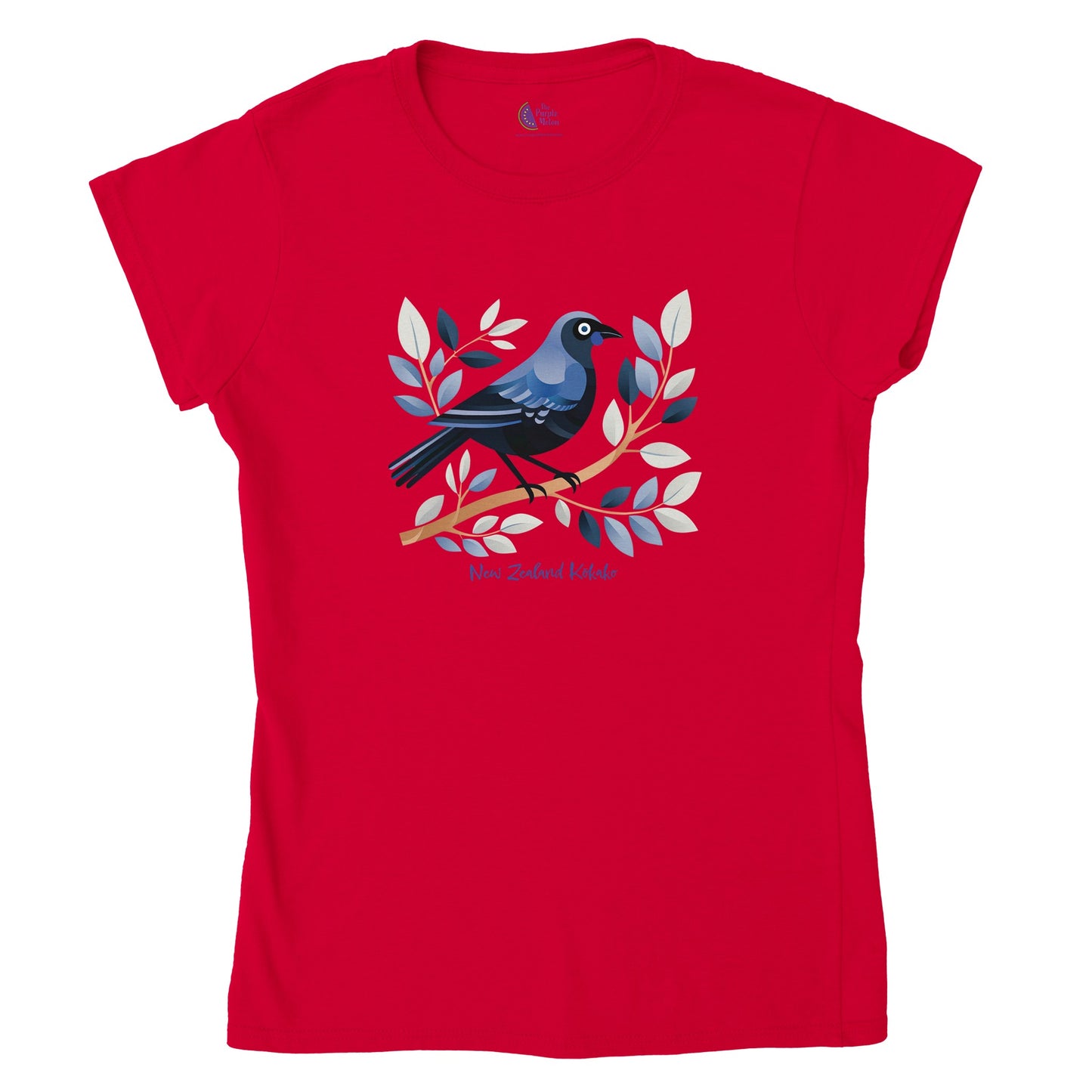red t-shirt with a New Zealand Kokako bird print