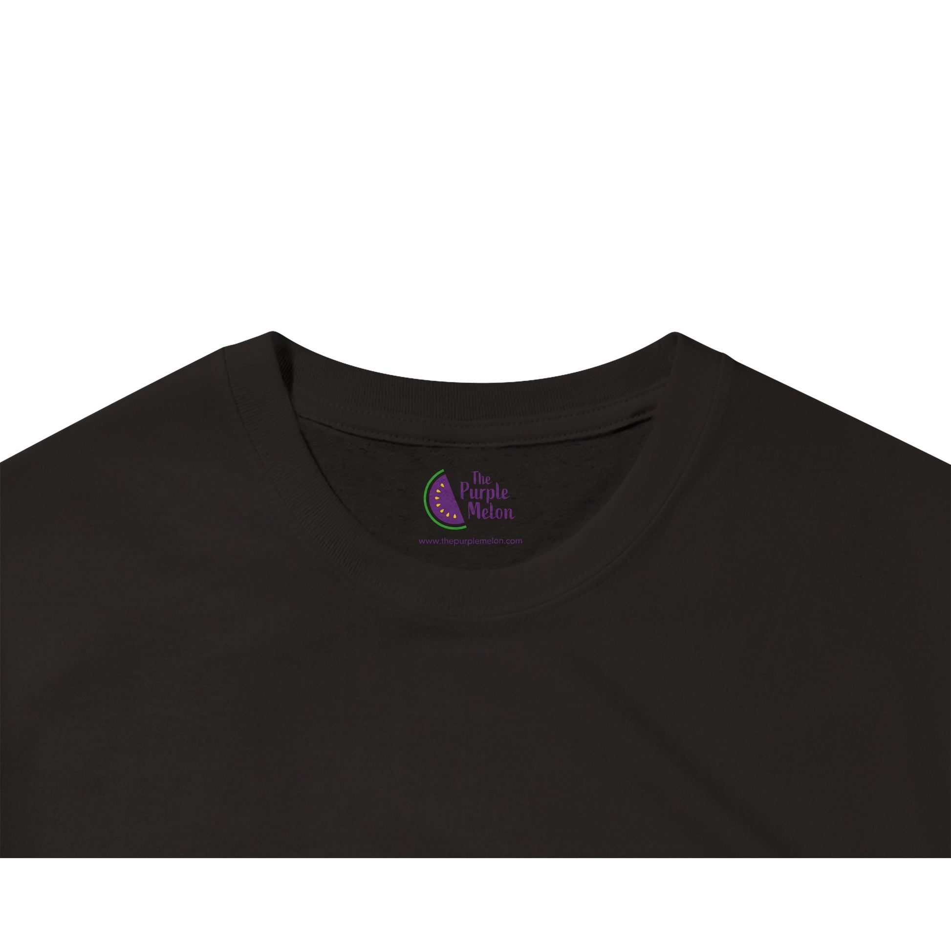 black t-shirt neck label with The Purple Melon logo