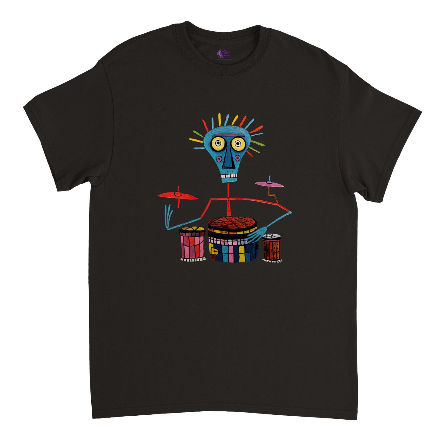 black t-shirt with an abstract print of a bongo player