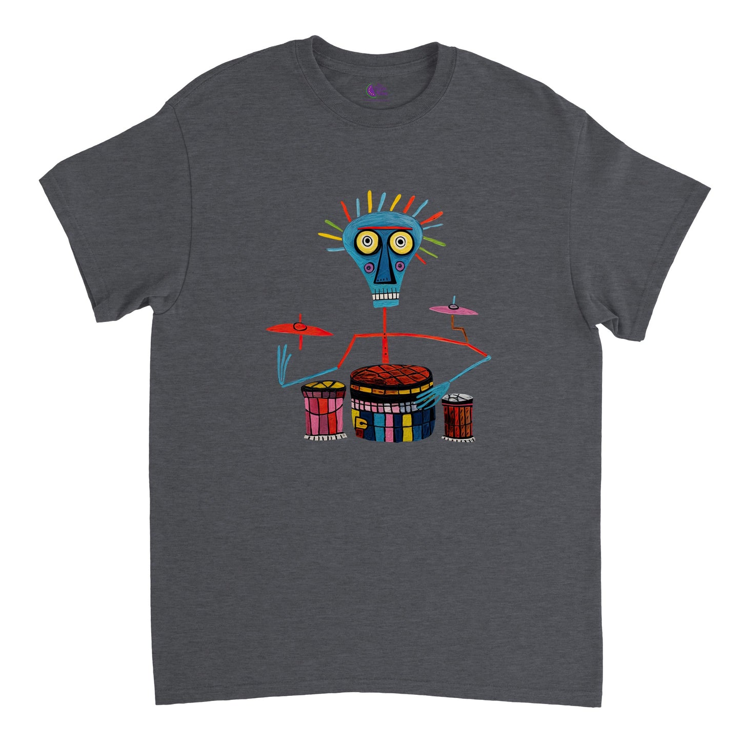 dark heather t-shirt with an abstract print of a bongo player