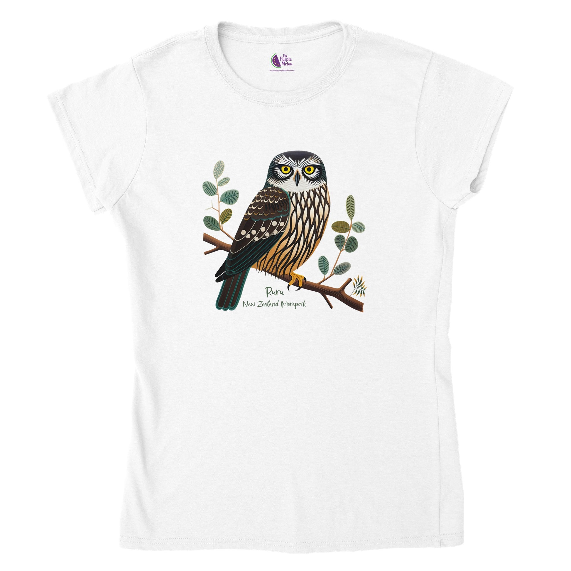 white t-shirt with a New Zealand Ruru Morepork print