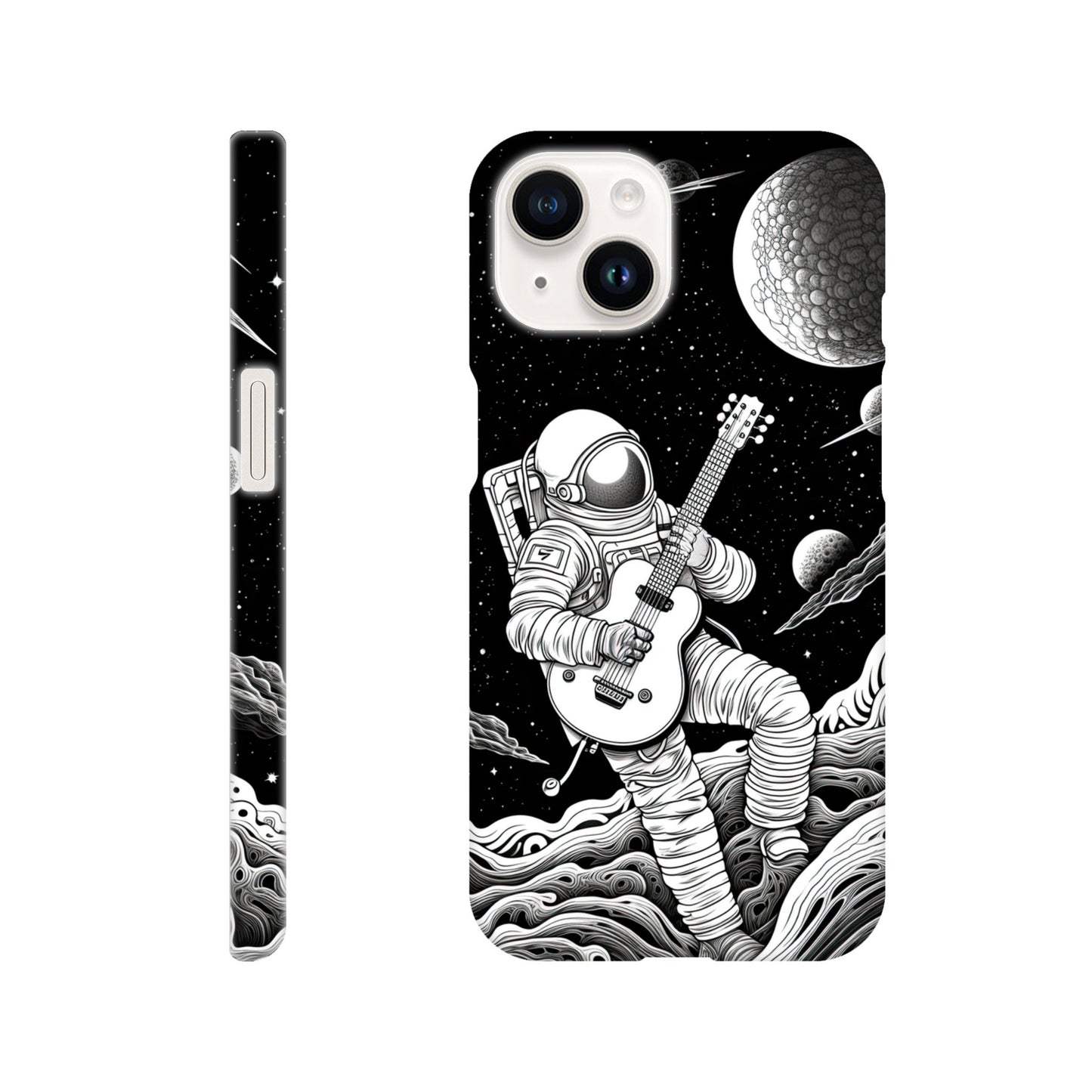 Space Serenade: Monochromatic Astronaut Guitarist in Space Phone Case