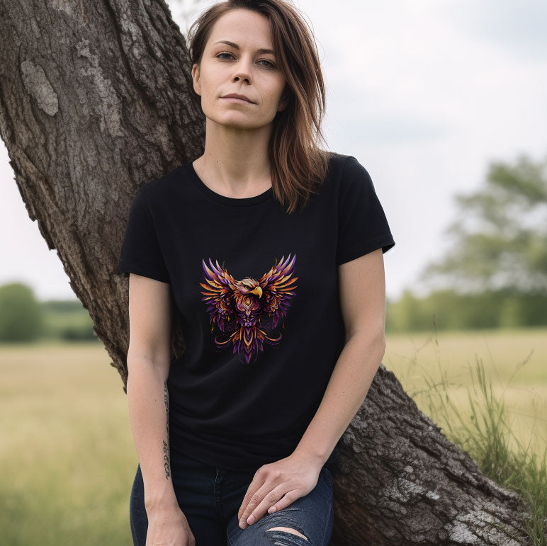 Woman wearing black t-shirt with abstract eagle design