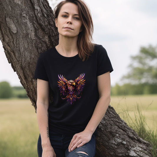 Woman wearing black t-shirt with abstract eagle design