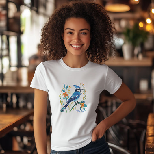 Woman wearing white t-shirt with Blue Jay design
