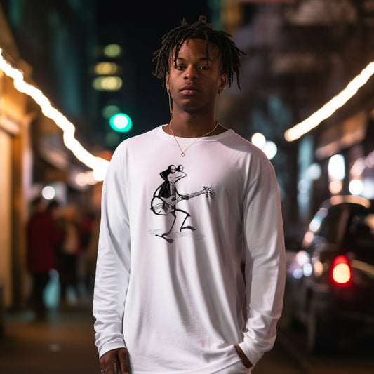 Guy on city street at night wearing a long sleeve t-shirt with a frog playing the bass guitar print