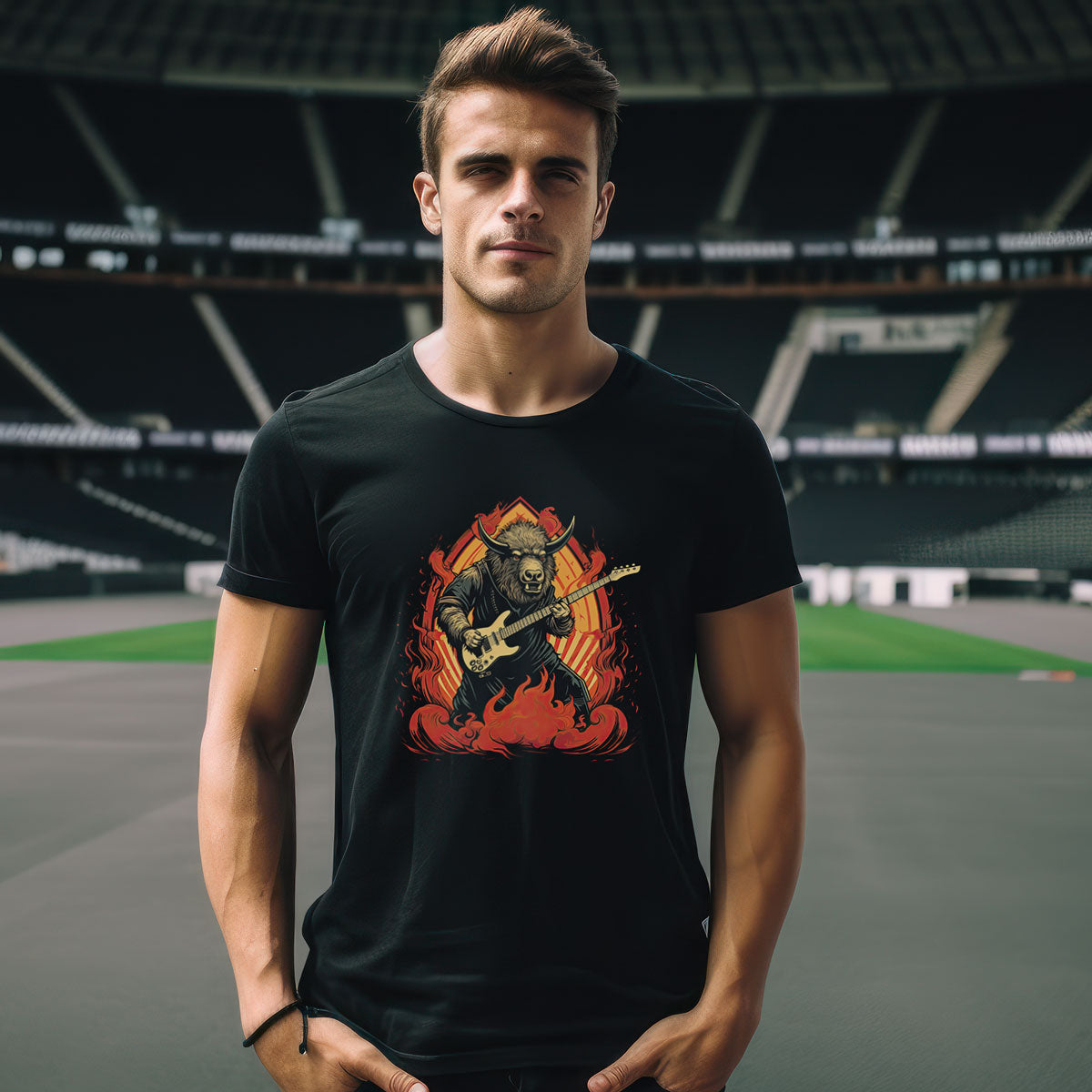 guy standing in a stadium wearing a black t-shirt with bison playing bass guitar print