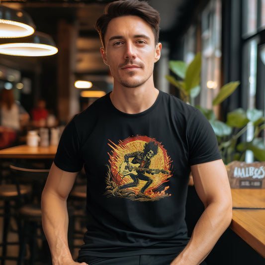 guy in a cafe wearing a black t-shirt with a crazy skeleton guitarist print
