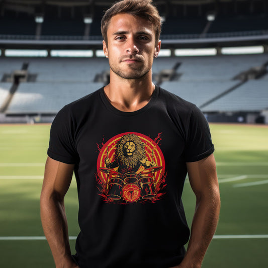 quy standing in stadium wearing black t-shirt with lion drummer print