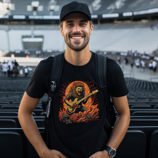 Lion playing guitar illustration on t-shirt