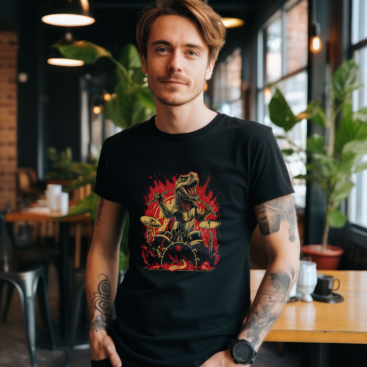 Guy in a cafe wearing Black t-shirt with t-rex drummer print