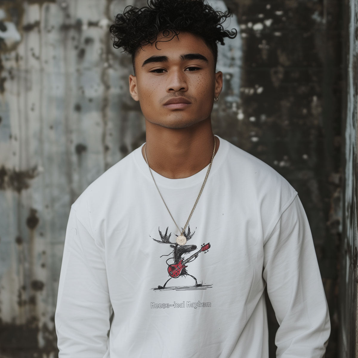 Moose playing a bass guitar illustration on longsleeve t-shirt