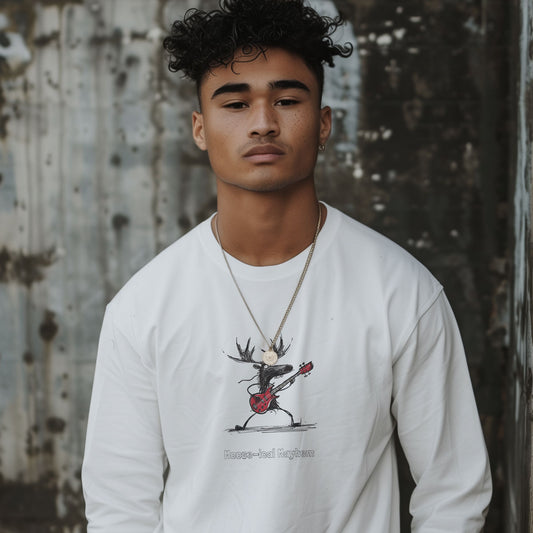 Moose playing a bass guitar illustration on longsleeve t-shirt