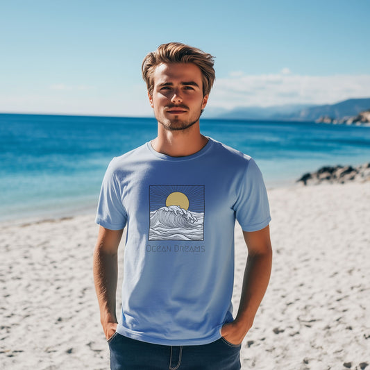 Ocean Dreams - Heavyweight Unisex T-Shirt | Coastal Sunset & Surf Graphic