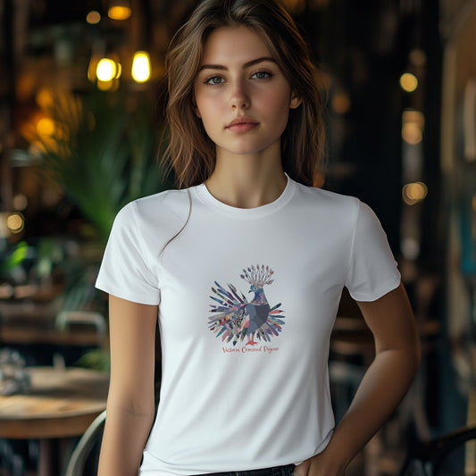 Woman wearing a white t-shirt with a victoria crowned pigeon design