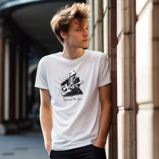 Guy wearing a white t-shirt with print of George Washington playing the guitar and the caption United We Jam