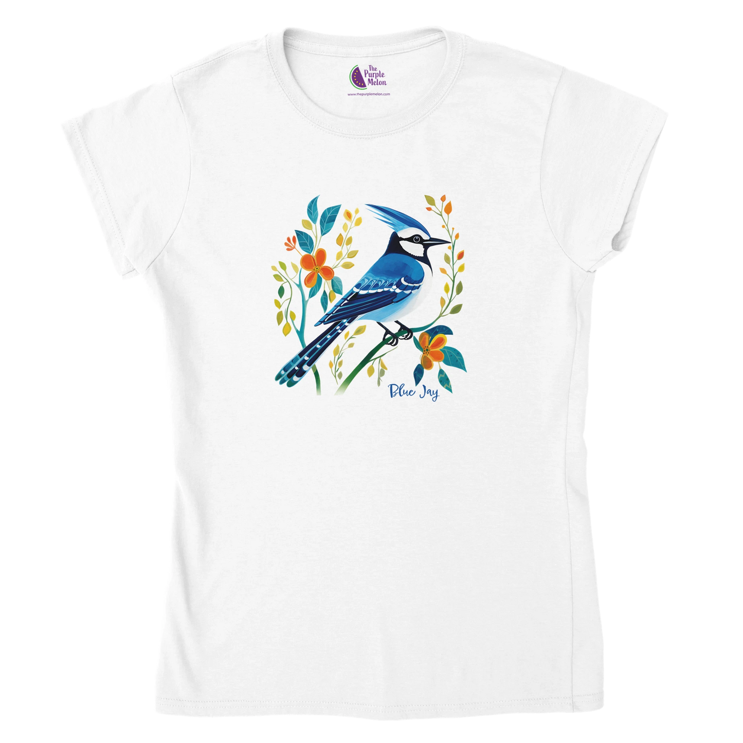 white t-shirt with Blue Jay design