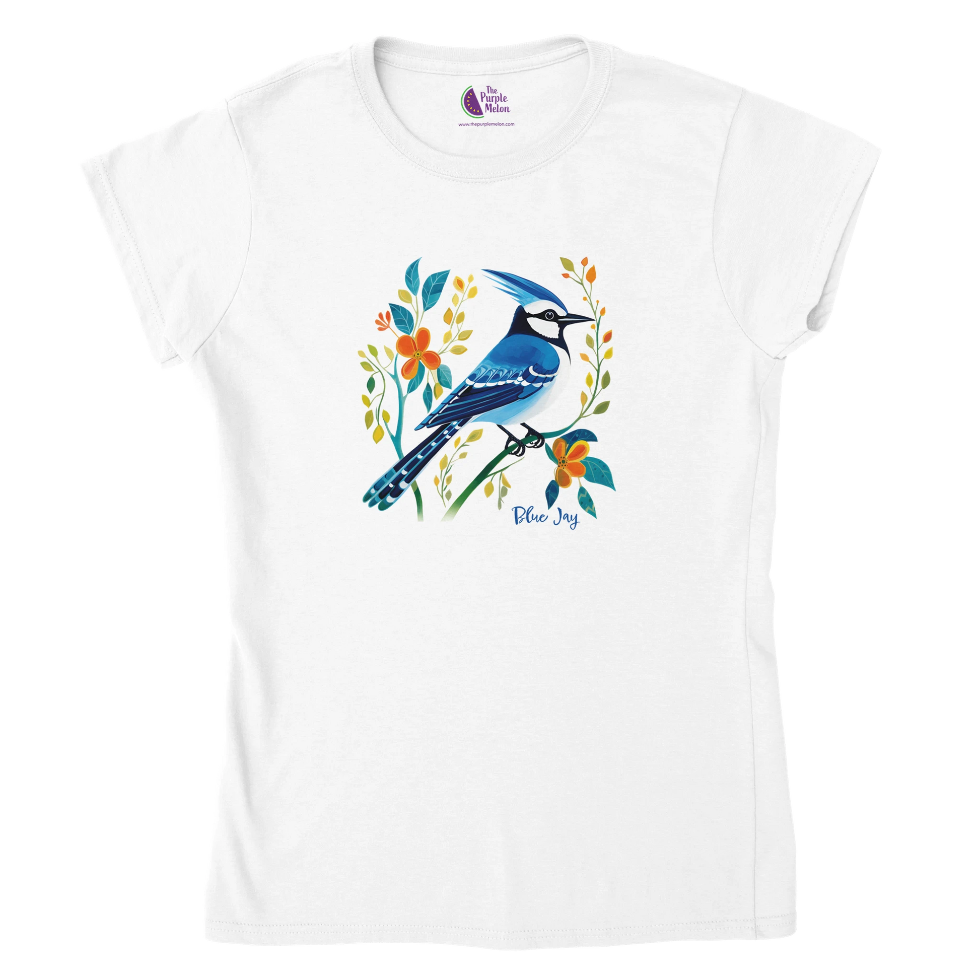 white t-shirt with Blue Jay design