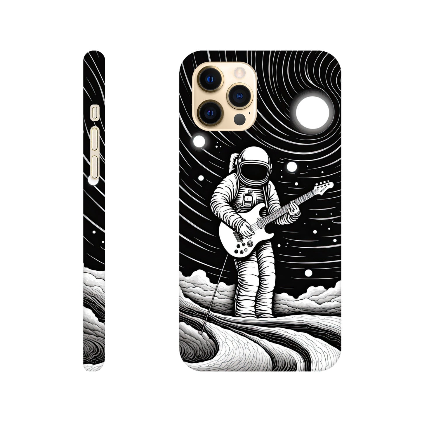 Slim phone case with monochromatic op art space astronaut print