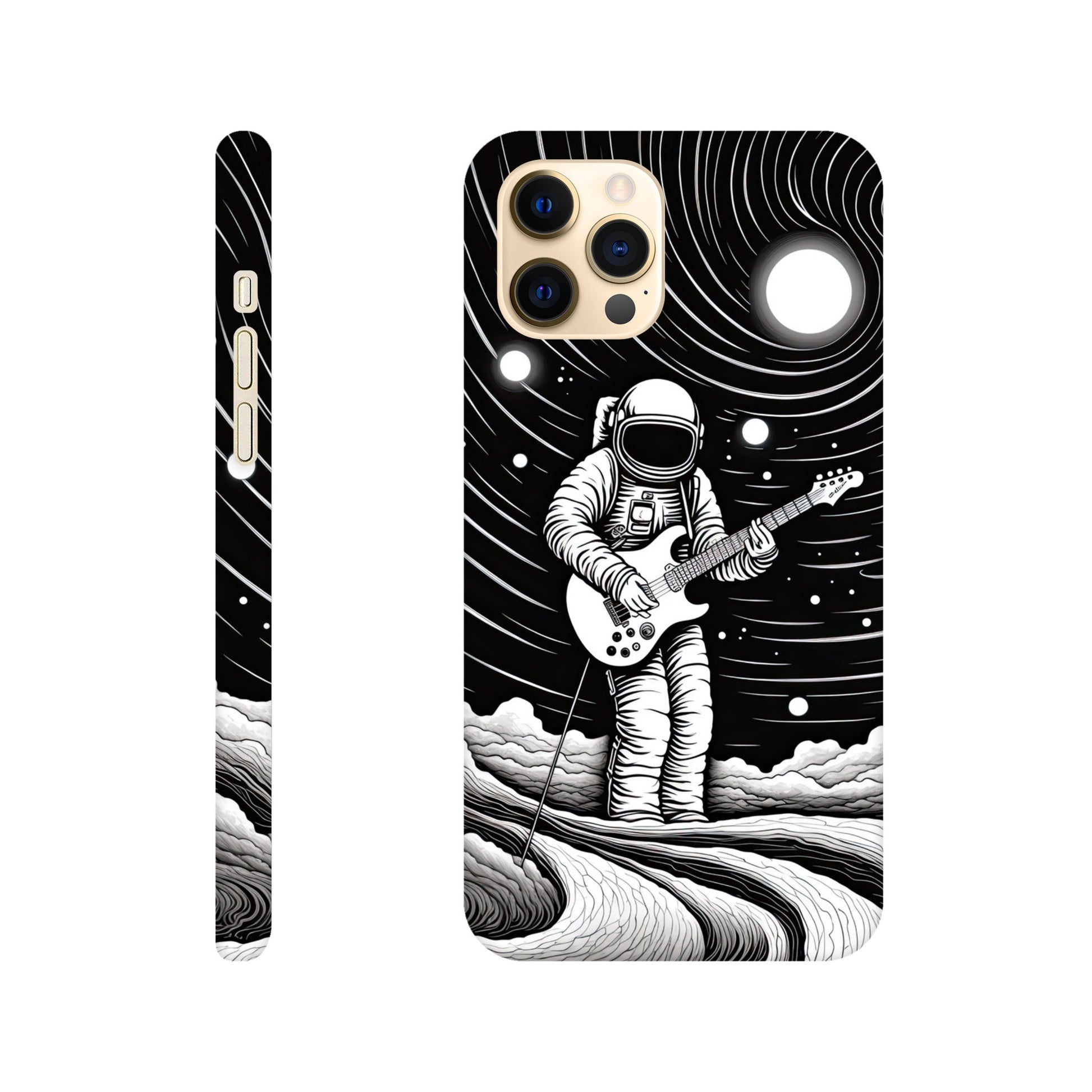 Slim phone case with monochromatic op art space astronaut print