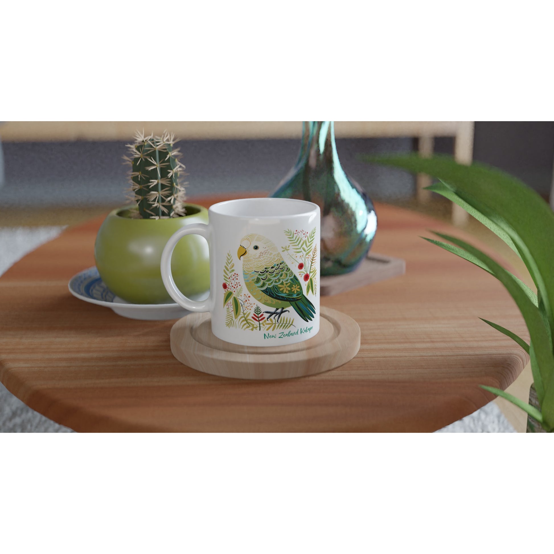 Ceramic coffee mug with NZ Kākāpō parrot design