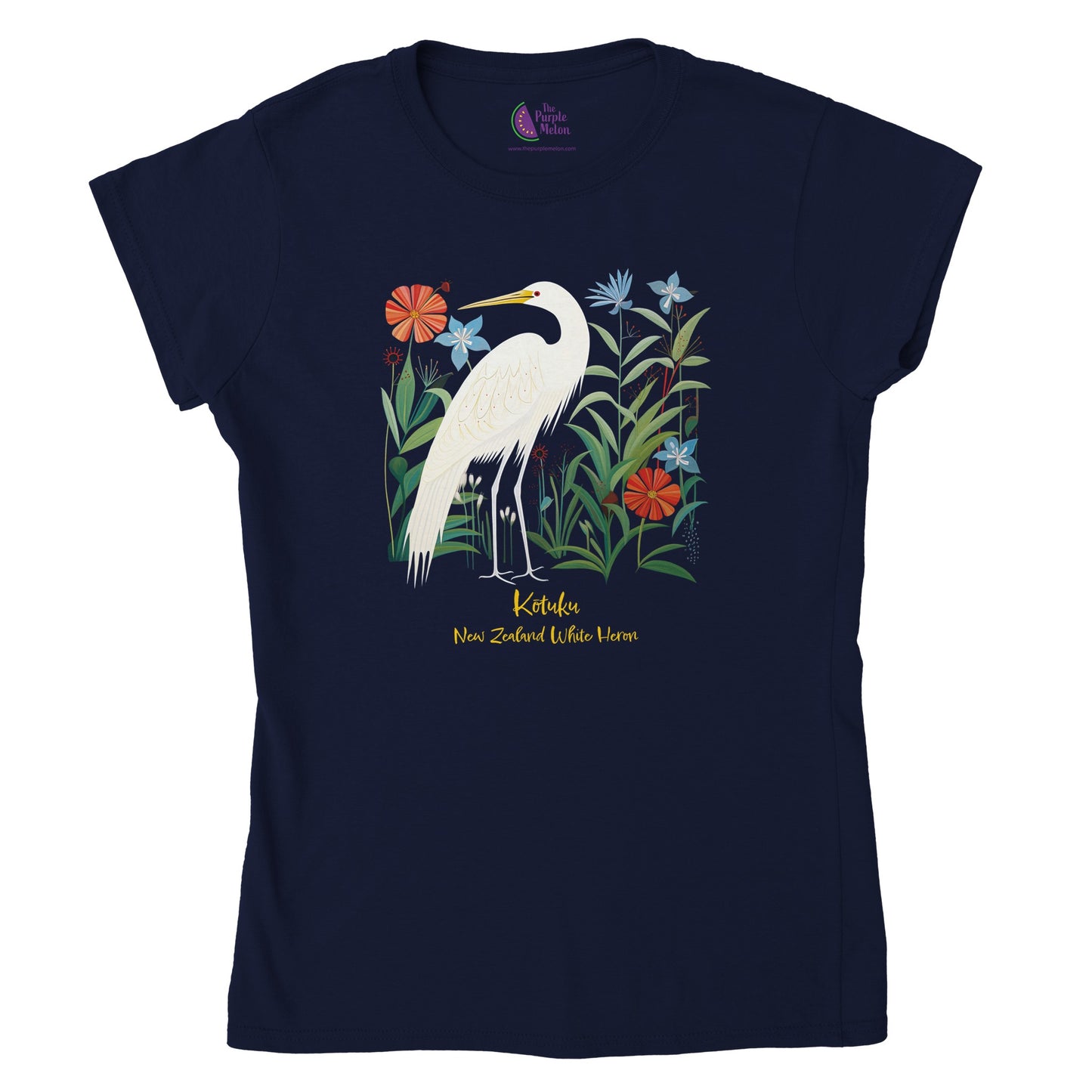 Navy blue t-shirt with a New Zealand Kōtuku white heron print