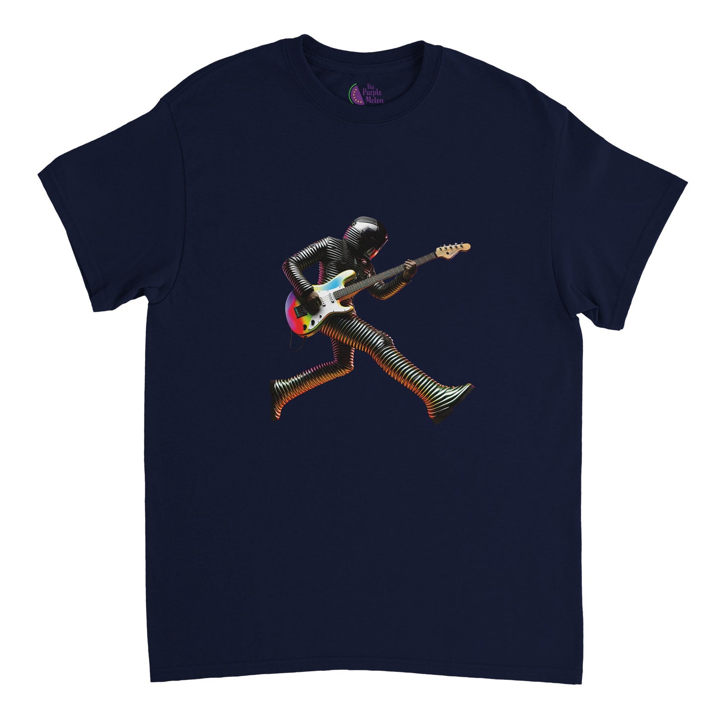 Navy blue t-shirt with a futuristic guitarist print