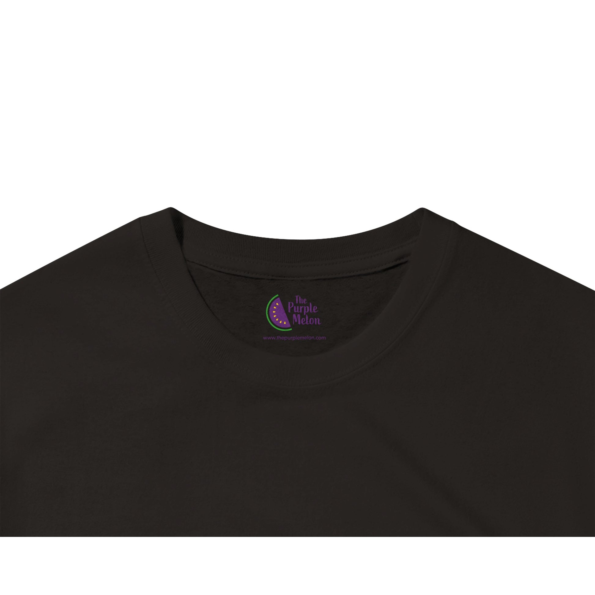 black t-shirt neck label with The Purple Melon logo