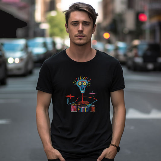 Guy on the street wearing a black t-shirt with an abstract print of a bongo player