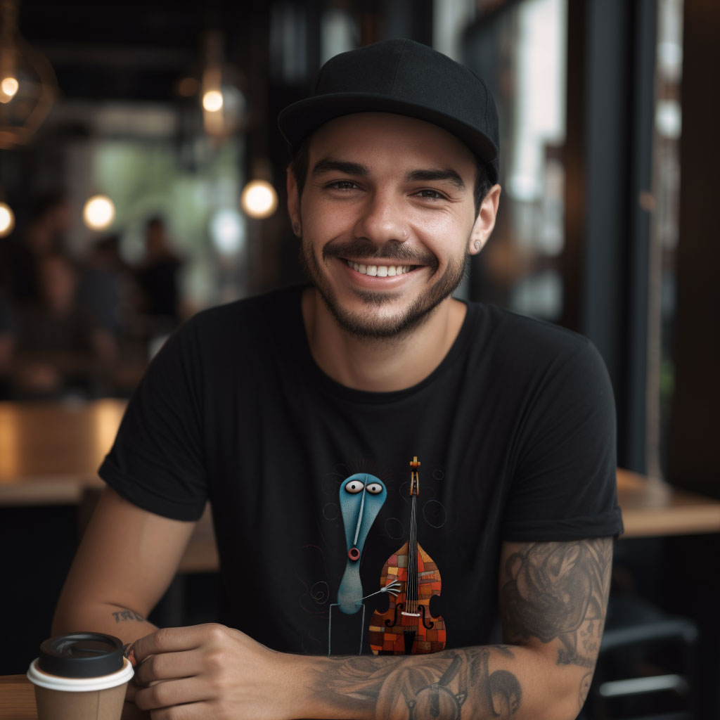 guy in a cafe wearing a black cap and black t-shirt with a print of an abstract character playing the double bass