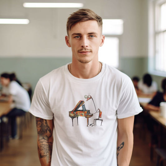 guy in a classroom wearing a white t-shirt with an abstract giraffe pianist print
