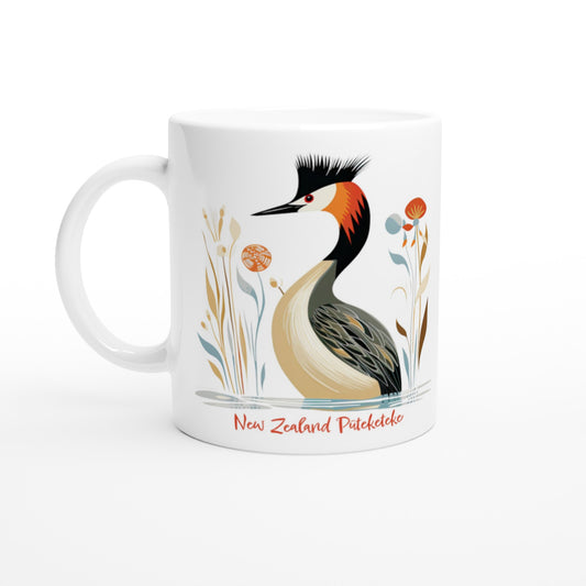 11oz ceramic mug with Pūteketeke bird design; New Zealand native bird coffee cup