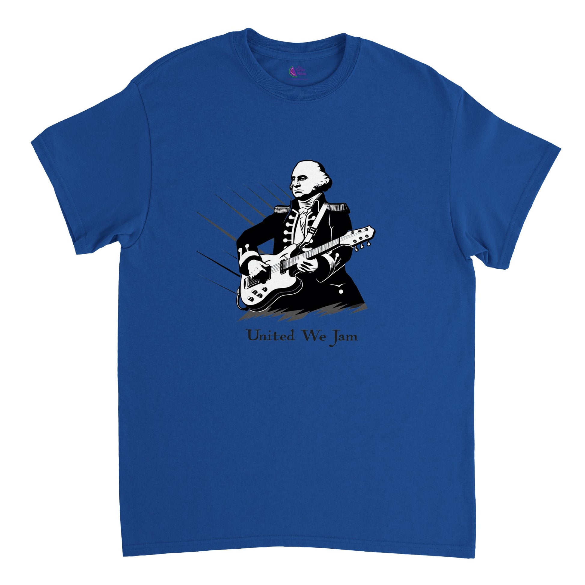 royal blue t-shirt with print of George Washington playing the guitar and the caption United We Jam