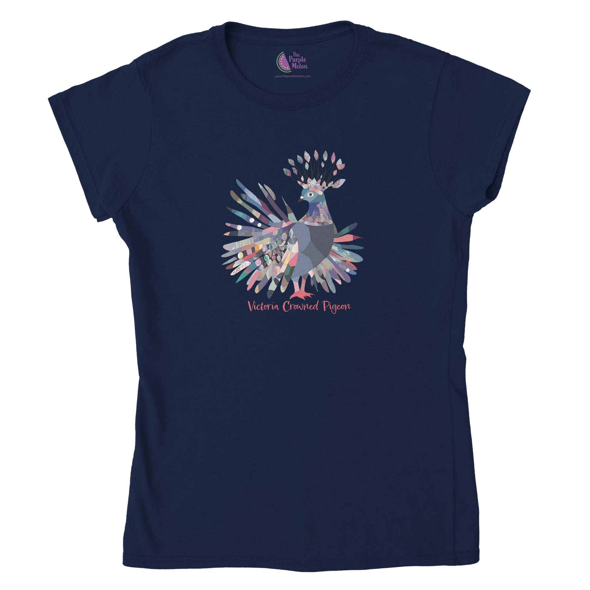 navy t-shirt with a victoria crowned pigeon design
