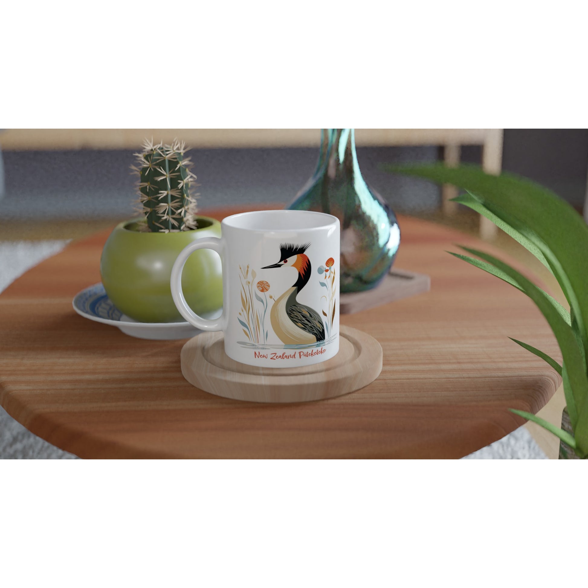 11oz ceramic coffee mug with a New Zealand Puteketeke bird print