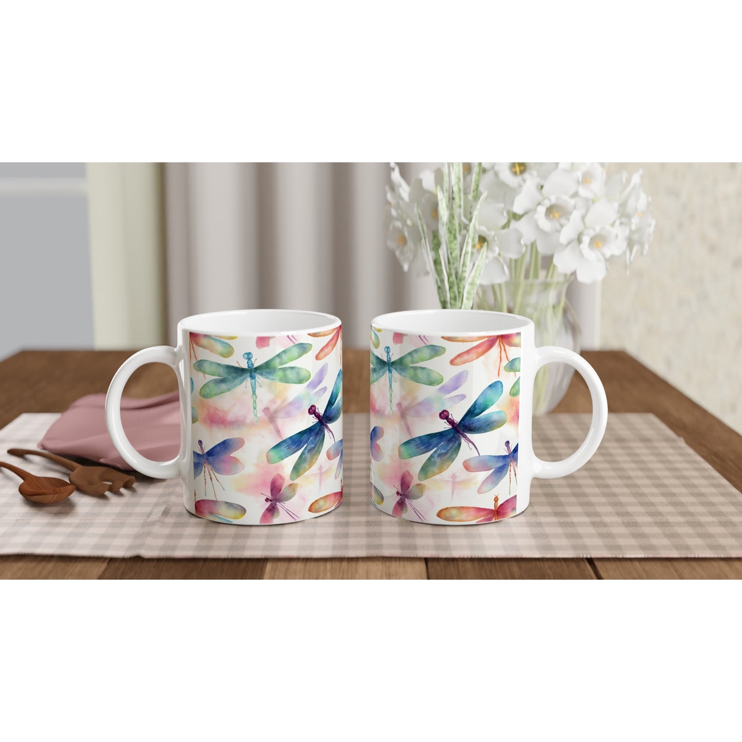 Enchanting Elegance: 11oz Ceramic Mug with Watercolor Painted Dragonflies