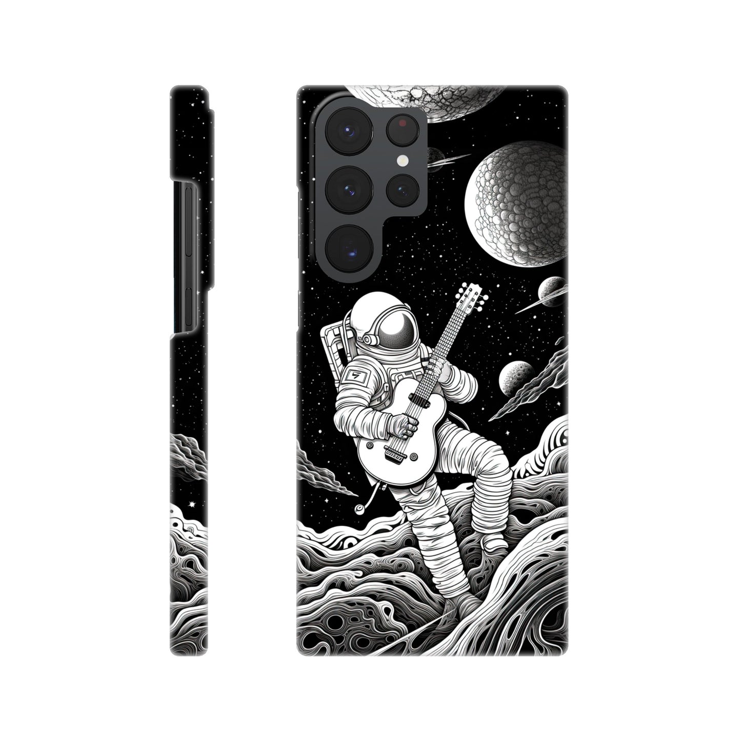 Space Serenade: Monochromatic Astronaut Guitarist in Space Phone Case
