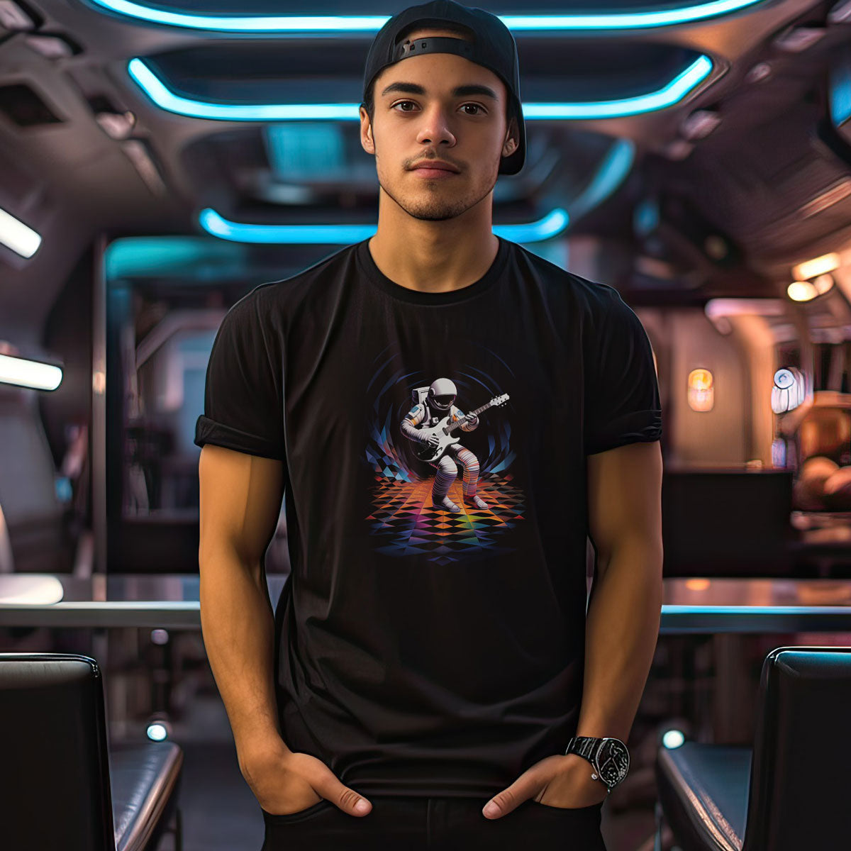 guy wearing a black t-shirt with a spaceman playing guitar print