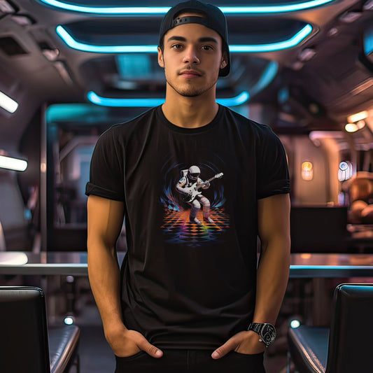 guy wearing a black t-shirt with a spaceman playing guitar print