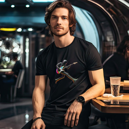 Guy in a space bar wearing a black t-shirt with a futuristic guitarist print
